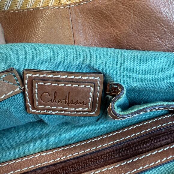 Cole Haan Leather Large Tan Woven Tote Shopper Bag Straw Shoulder Bag Gift - Picture 5 of 9
